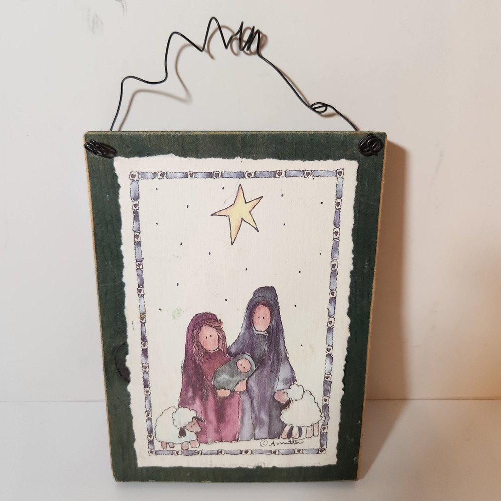 Annette Primitive Folk Art Nativity Wood Wall Hanging Christmas Decor 7x5